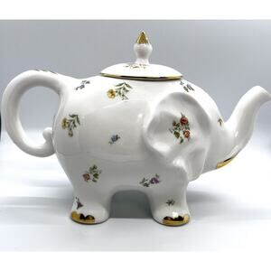 Grace Teaware Elephant Teapot Fine Porcelain Floral Gold Trim Garden Cottagecore